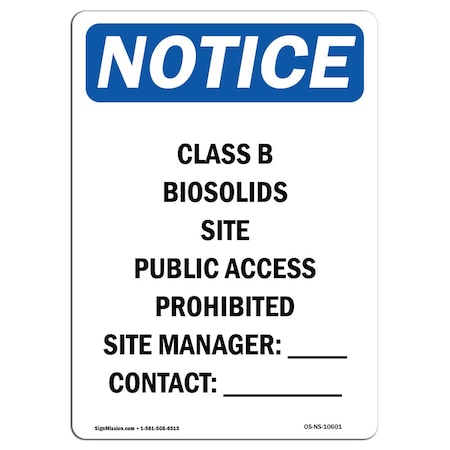 Signmission OSHA Notice, 5" Height, Class B Biosolids Site Public Sign, 5" X 3.5", Portrait OS-NS-D-35-V-10601
